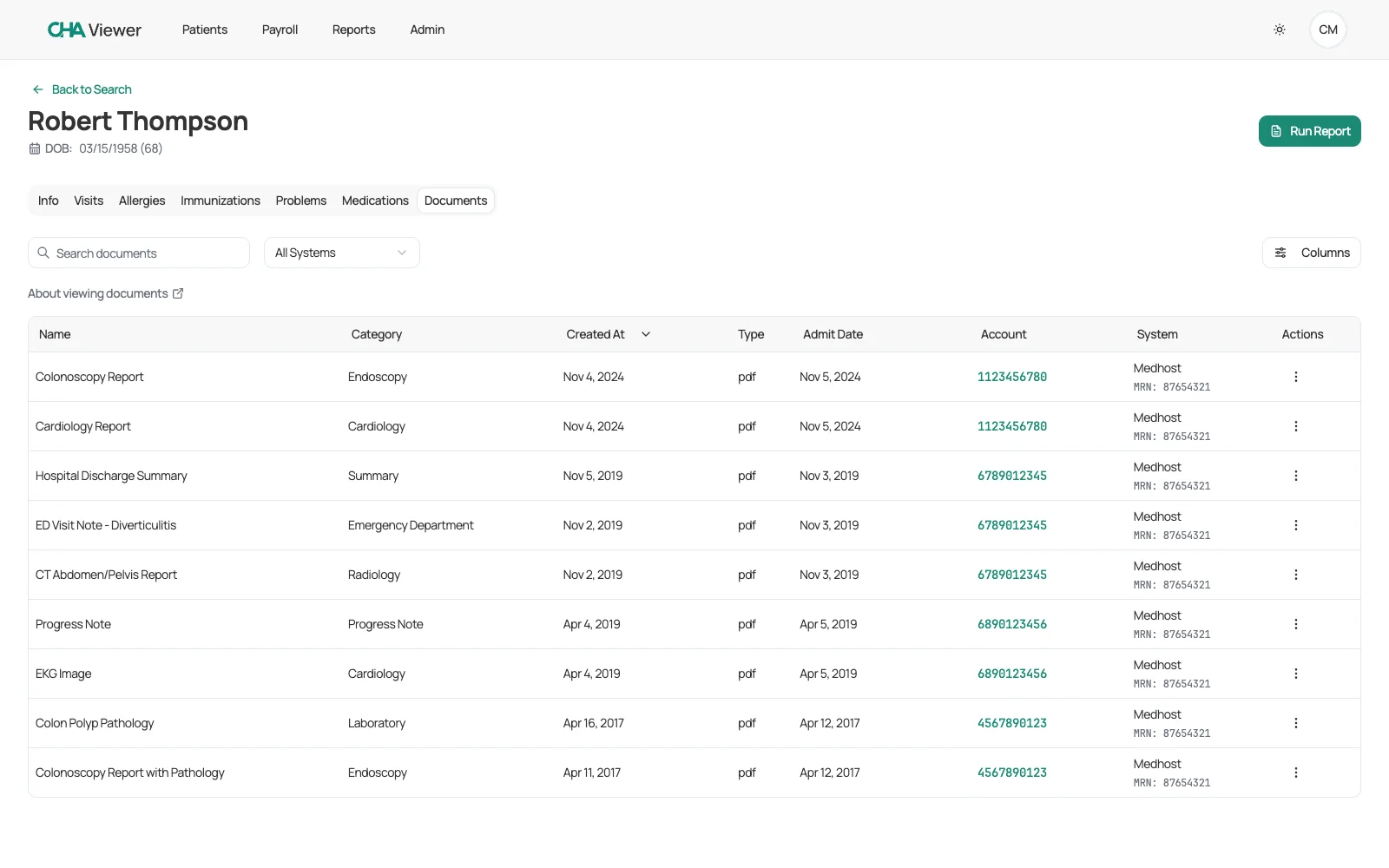 CHA Viewer patient record, Documents tab: archived documents listed with name, category, created date, file type, admit date, account number, and the source system and MRN each one came from.
