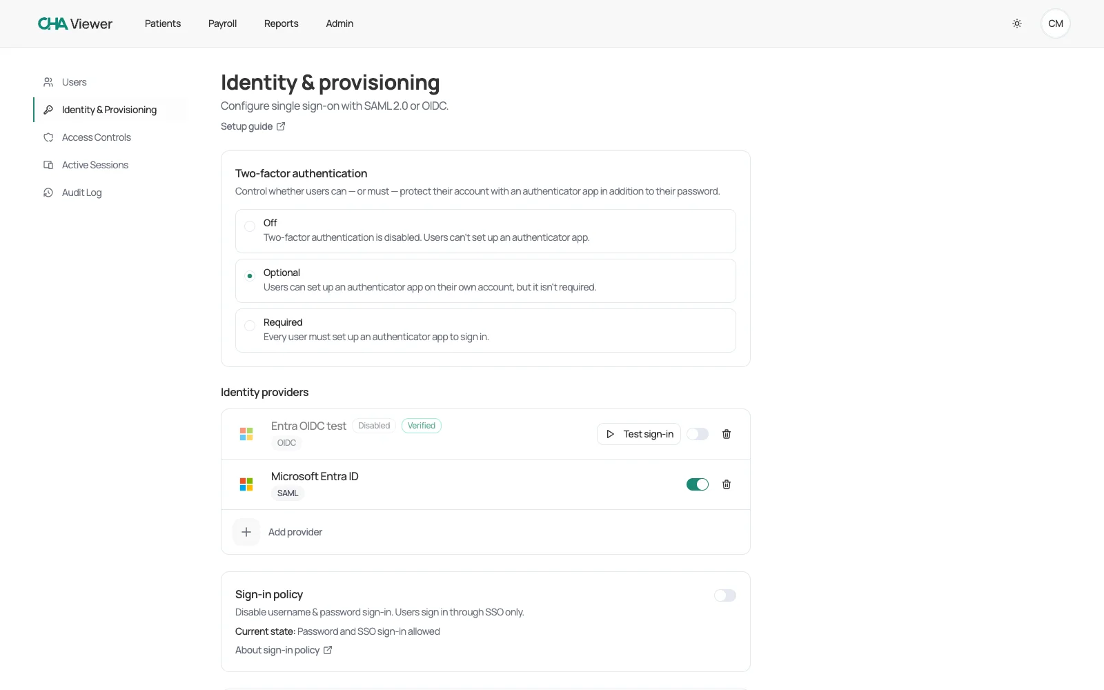 Viewer's Identity & Provisioning screen: two-factor authentication set per organization — Off, Optional, or Required — with SAML and OIDC identity providers including Microsoft Entra ID, and an SSO-only sign-in policy.