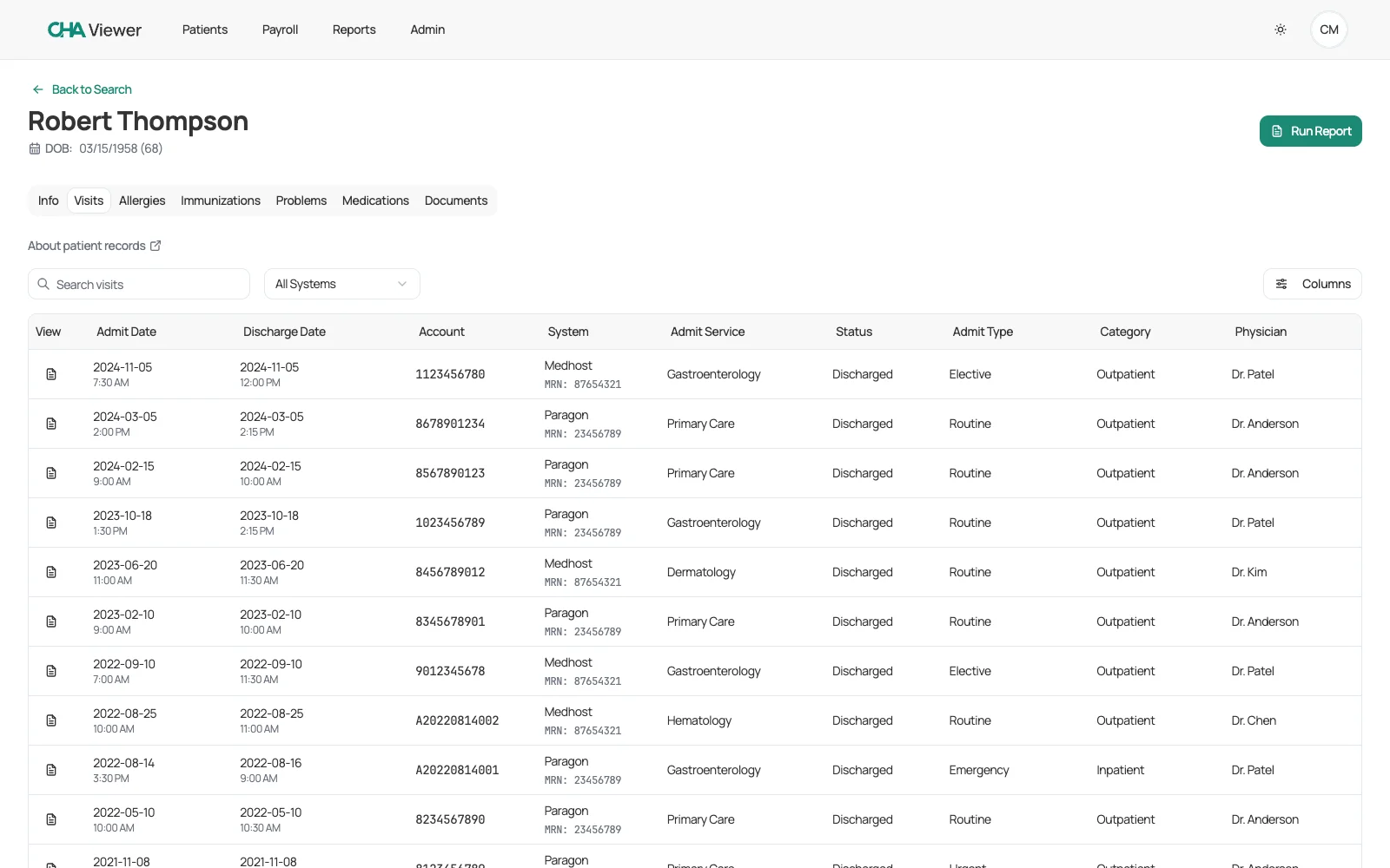 CHA Viewer patient record: the Visits tab lists admissions from two retired systems — Paragon and MEDHOST — in one sortable table, each row tagged with its source system and MRN.