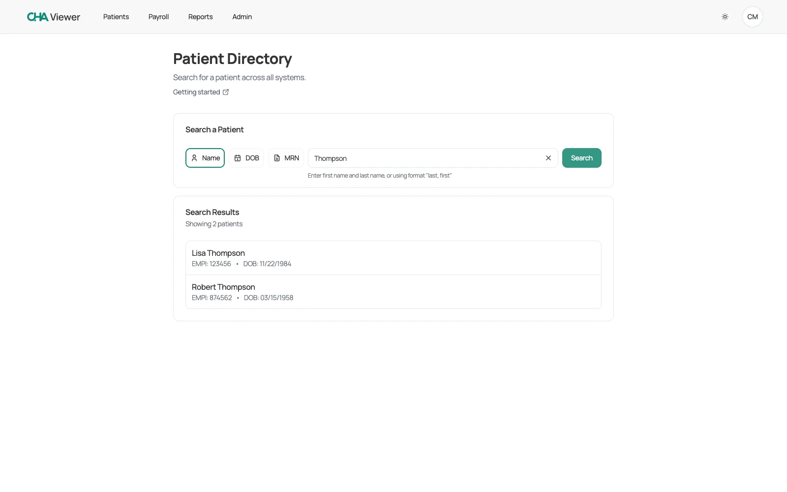 CHA Viewer patient directory: searching by name across every archived system returns matching patients with their EMPI and date of birth.